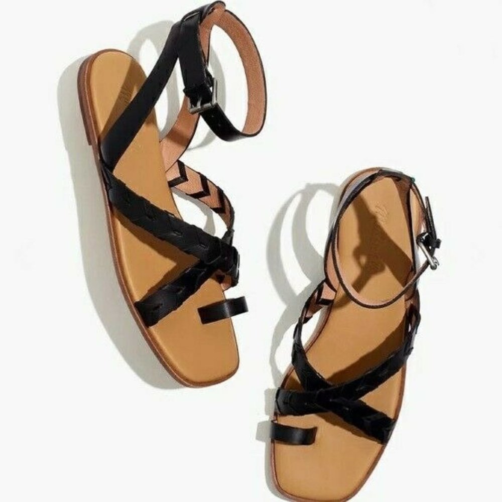 Madewell Cassia Black Leather Size 8 Criss Cross Ankle Strap Flat Sandals